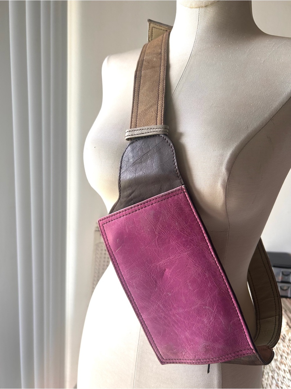 Upcycled Real Leather Sling Bag - Colorblock Magenta Pink / Brown. VTG. EUC